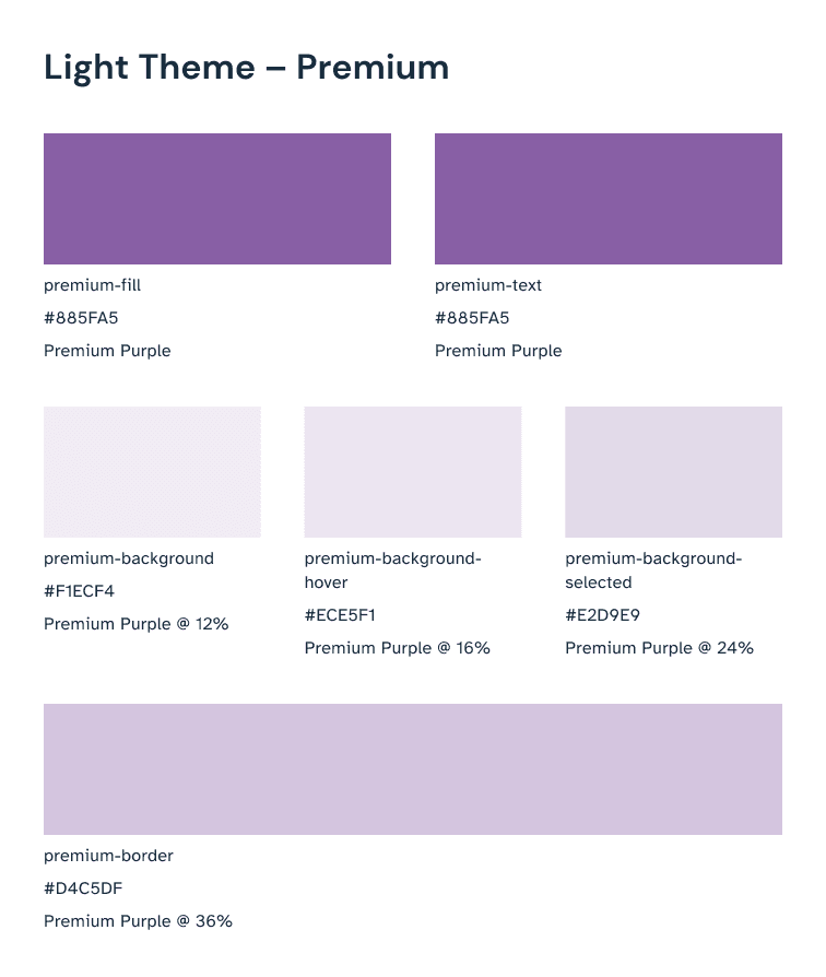 Old light-theme premium color tokens — Premium Purple, flat with opacity variants