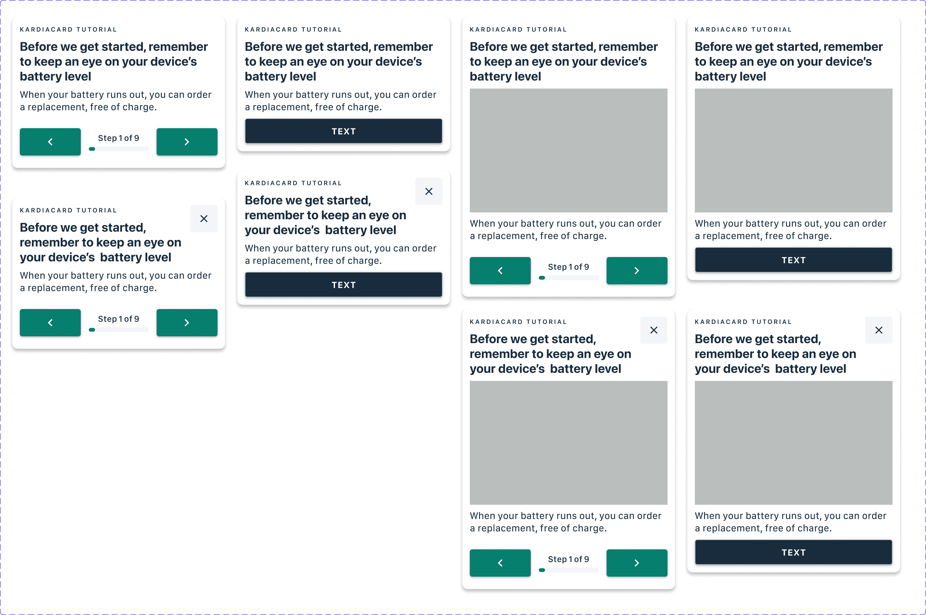 Eight variants of the KardiaCard tutorial popup found side by side in the pre-DS file, each with different navigation, close, and image-placeholder treatment